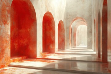 Poster - Unique architectural hall with glowing red accents and bright sunlight streaming through archways