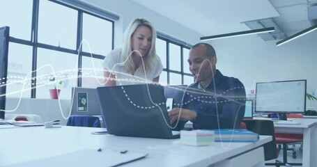 Poster - Two colleagues collaborating on laptop with digital data wave animation overlay