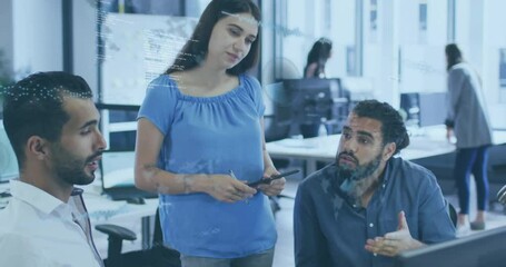 Poster - Discussing project, business team in office with data processing animation overlay