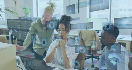 Poster - Diverse team collaborating at office with digital data processing animation overlay