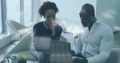 Poster - Discussing data processing, business professionals using digital interface in modern office