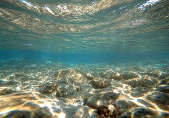 Poster - Underwater Scene with Natural Light Illuminating Rocky Ocean Floor Surrounded by Clear Blue Water and Gentle Waves in a Tropical Paradise