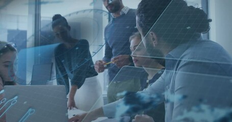 Poster - Collaborating with digital interface overlay, business team analyzing data in office