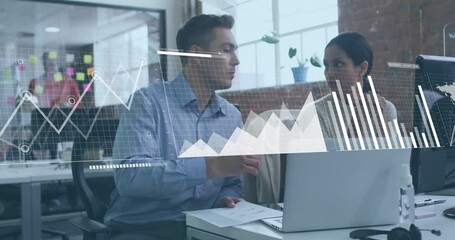 Poster - Discussing data analytics with animation of graphs, business professionals in office