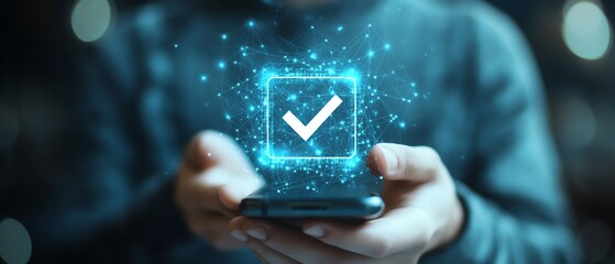 Poster - Male hand holding cellphone with digital guarantee checkmark, symbolizing compliance with services, standards, and regulations, blurry background, digital security, tech innovation