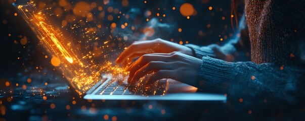Poster - Digital padlock hologram overlaying a person typing on a laptop