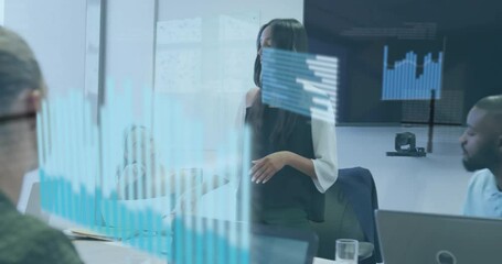 Poster - Business meeting with bar chart animation overlay showing monthly data trends