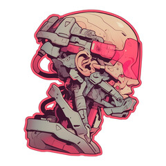 Poster - Futuristic pop art illustration of cyborg head with intricate mechanical details and vibrant colors. design features blend of human and robotic elements, showcasing advanced technology