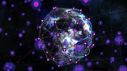 Poster - Network of connections and data processing animation over Earth in space