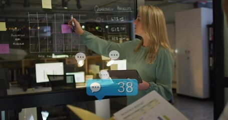 Poster - Writing on transparent board, businesswoman with digital chat notifications overlay