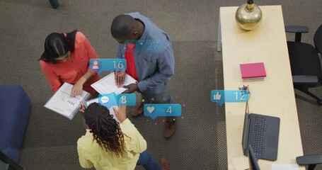 Poster - Collaborating in office, diverse colleagues with animation of social media notifications