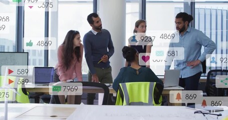 Poster - In school, business team discussing with animation of social media icons overlaying