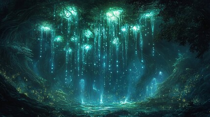 Wall Mural - a mysterious cavern where glowing bioluminescent roots dangle from the ceiling like chandeliers