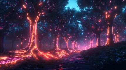 Wall Mural - a futuristic neon forest where every tree trunk is lit up with pulsating circuits of light