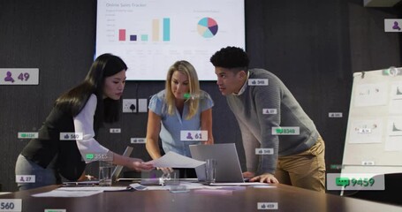 Poster - Analyzing documents with animation overlay, business team tracking online sales data