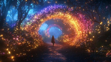 Wall Mural - a magical rainbow archway formed by giant glowing flowers and golden vines