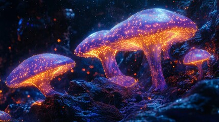 a surreal alien landscape where every rock and plant glows in a mysterious way