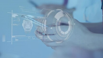 Poster - Digital interface with facial recognition animation over person using smartphone