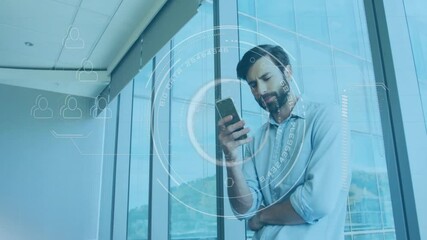 Poster - Man using smartphone with digital interface animation over office window background