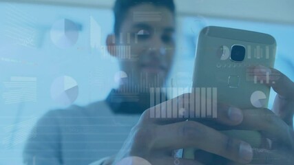 Poster - Using smartphone, man with digital data processing animation overlay in background