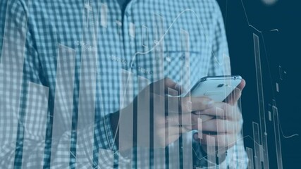 Poster - Using smartphone, businessman analyzing financial graph animation in office setting