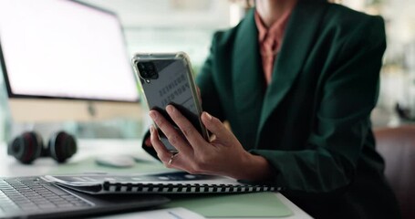 Aufkleber - Office, hands and businesswoman with phone for email, online communication and connection. Closeup, portfolio and technology with mobile app for financial advice, consulting or networking with client