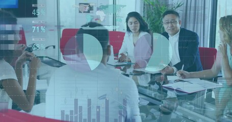 Poster - Discussing financial data, diverse team in business meeting with animation overlay