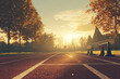 © Tahsin - Golden hour sunrise over running track with hurdles autumn trees red sky fall lane path field speed