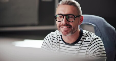 Poster - Business, thinking and man with smile, computer and planning for project, internet and feedback. Mature person, employee and journalist with pc, review and creative with research for article and joy