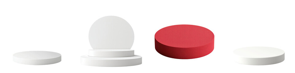 Fototapete - Arrangement of simple geometric shapes such as spheres cylinders and cubes displayed on white pedestals or platforms  This clean minimalist scene can be used for product jewelry