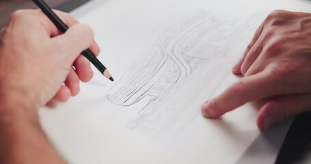 Poster - Hands, drawing and paper with design, project and lines with planning, editing or process at company. Person, engineer and pencil with writing, sketch or review for creativity for job at agency