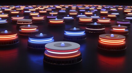 Glowing robot drones arranged on a dark surface with bright neon lights