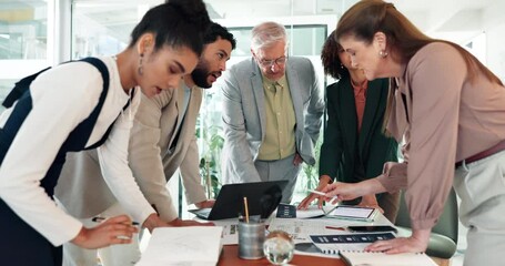 Poster - Documents, discussion and business people in office for planning, brainstorming or problem solving for budget. Meeting, paperwork and team of financial managers with company investment account.