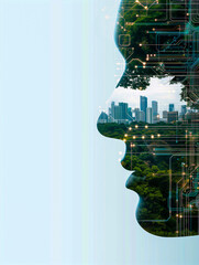 Poster - Mindful Metropolis: A stylized silhouette of a human profile filled with a lush cityscape and circuitry, embodying the interconnectedness of human, nature, and technology.