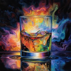 Aufkleber - A Glass of Whiskey in a Colorful Swirl, A Painterly Rendering with Bubbles and Reflections.