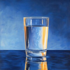 Leinwandbilder - A Glass of Water on Blue Reflective Surface: A Study in Light, Shadow, and Transparency