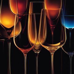 Aufkleber - Elegant Array of Wine Glasses in Warm, Refracted Light on a Dark Backdrop, Showcasing Sophistication and Refinement