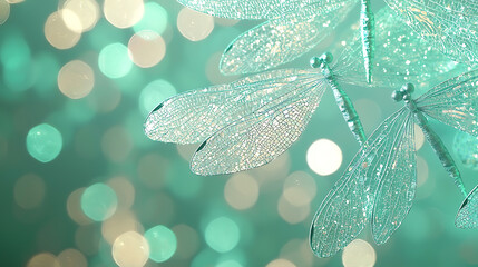 Poster - Delicate dragonflies in a sparkling aqua environment nature photography vibrant bokeh background ethereal aesthetic
