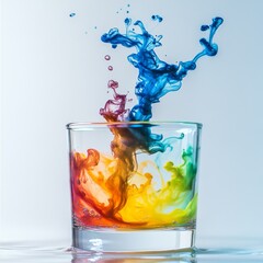Aufkleber - Fluid Art: A mesmerizing dance of vibrant colors erupting in a glass of clear water against a soft, neutral backdrop.