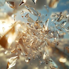 Aufkleber - Golden Shards: Abstract Composition of Broken Glass Against a Sky Backdrop with Sunlight and Cloud Refraction