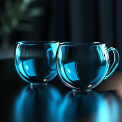 Poster - Luminous Glass Cups: A Study in Form, Light, and Reflection on Dark Surface, Evoking Modern Elegance and Tranquility.