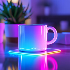 Poster - Neon Dreams: A Mug Illuminated by Vibrant Light on a Futuristic Surface