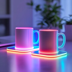 Poster - Neon Glow Coffee Break: Two steaming mugs on illuminated coasters amidst a modern, softly lit workspace.