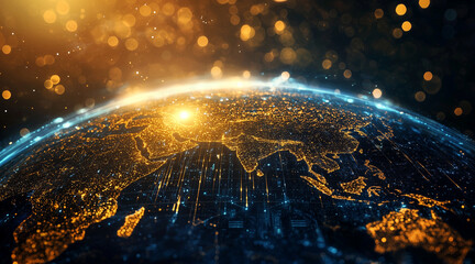Poster - Global earth, digital big data, technology style, gold and blue color