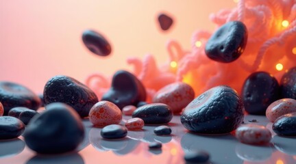 Wall Mural - abstract smooth stones with coral background, a vibrant composition of textured spheres