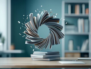 Poster - floating books forming a spiral in the air, pages flipping as if caught in an invisible wind, golden ethereal lighting, high-definition surreal photography