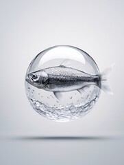 Poster - delicate glass sculpture of a fish suspended in mid-air, water droplets forming an invisible sphere, photorealistic details, fine art conceptual photography
