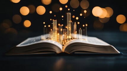 Poster - magical realism, an open book with a miniature glowing city rising from its pages, cinematic lighting, whimsical storytelling, ultra-sharp high-definition details