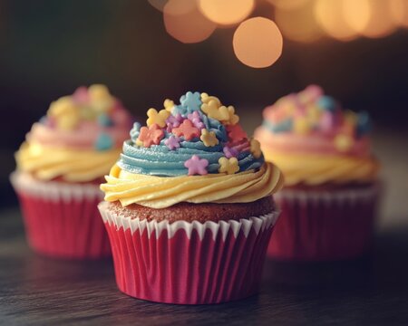 Birthday cupcakes with intricate frosting designs displayed under soft ambient light