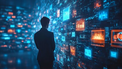 Poster - Network of glowing digital screens with technology and media professionals, dynamic blue background, futuristic innovation, business development, hightech communication